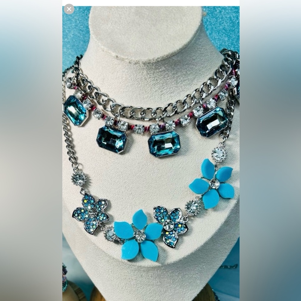 Aqua Blue Rhinestone Statement Blingy Necklace, earrings 4 pc Bundle